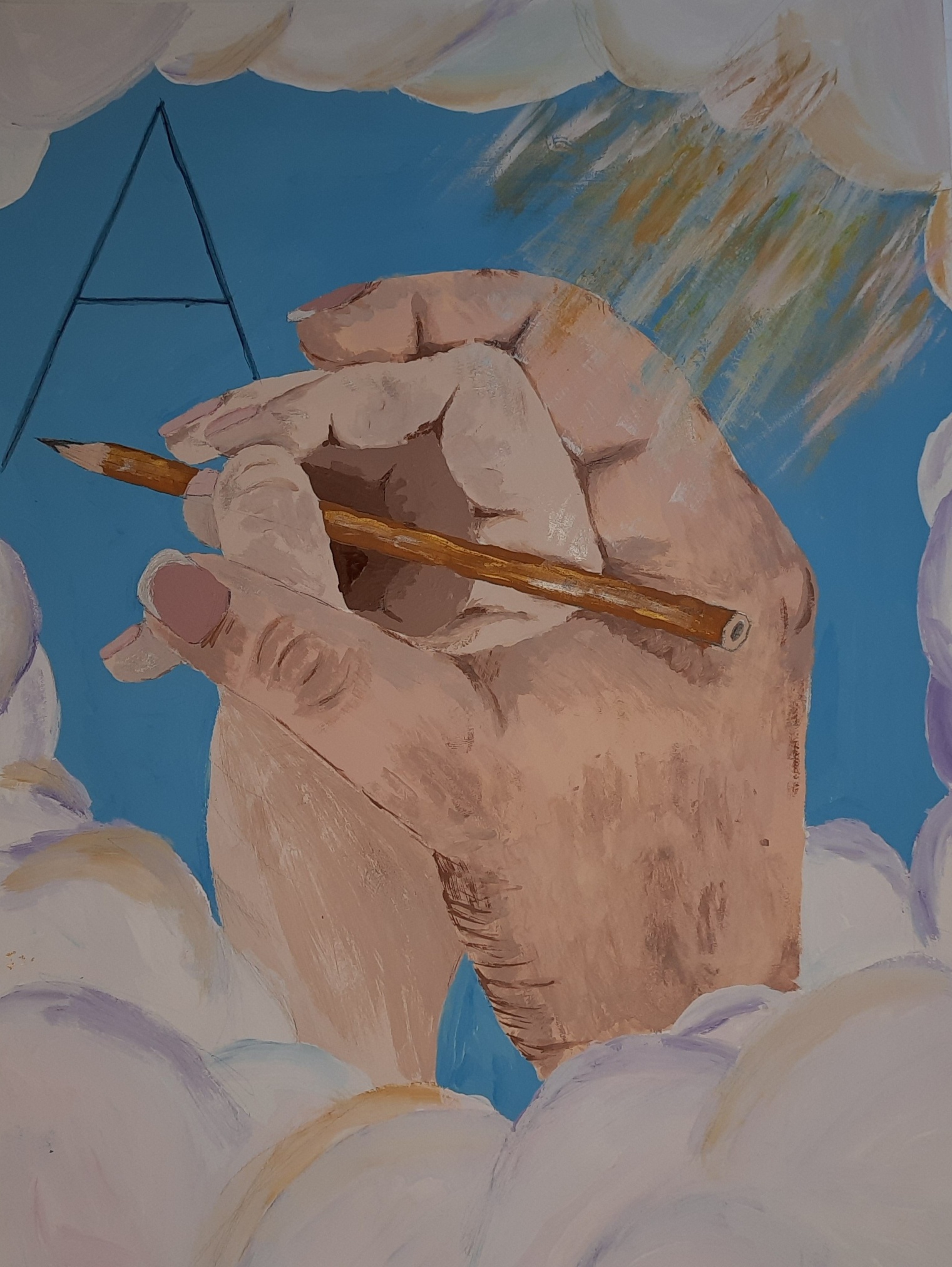 «Рука наставника», нарисованная гуашью Цветохиной Миланой (16 лет), ученицей МБОУ СОШ № 126 г. Снежинска