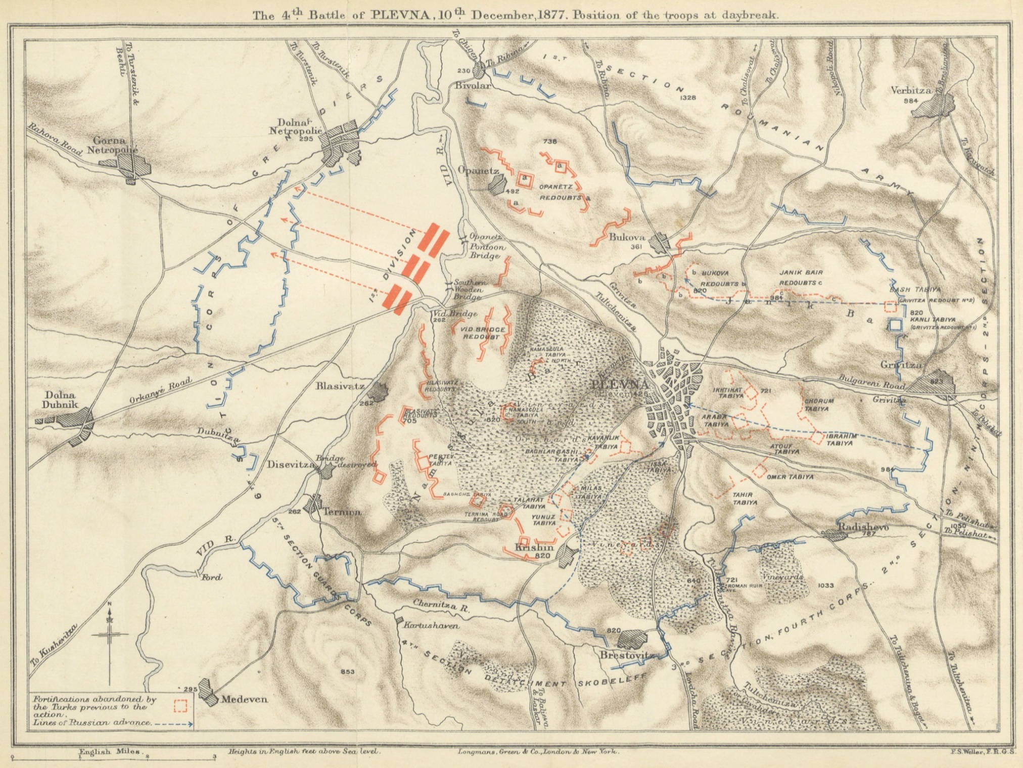 Карта-схема «4-е сражение за Плевну. 10 декабря 1877 года. Расположение войск на рассвете // The 4Th Battle of Plevna. 10 december 1877. Position of the troops daybreak». Из книги H. von William «The Defence of Plevna, 1877. Written by One who took part in it». P.424. 1895 год. (из свободного доступа)