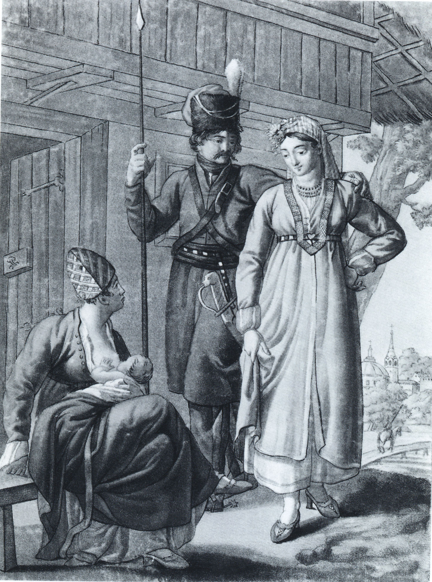 «Жители города Черкасска». Гравюра. Е.М. Корнеев. Российская империя. 1803 г.